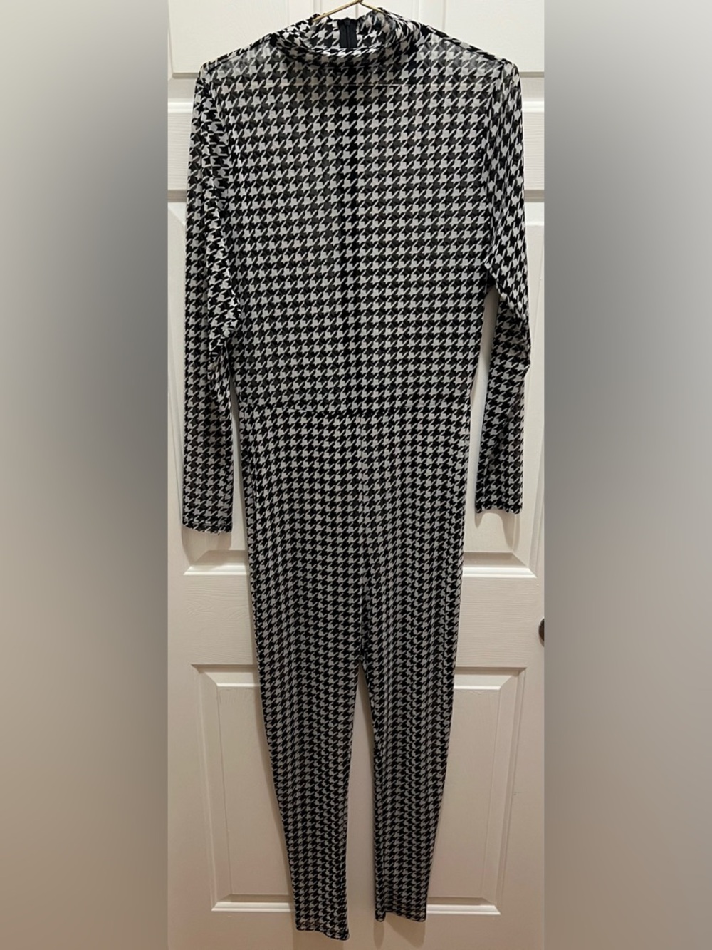 Black & White Houndstooth Sheer Long-sleeve Jumpsuit & Matching Gloves | 0 / XL